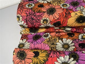 Bomuldsjersey - fine blomster i blide varme toner